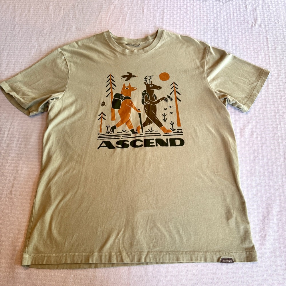 Ascend Mens Large Olive Green Organic Cotton Hiking Graphic Tee Fox Deer Forest